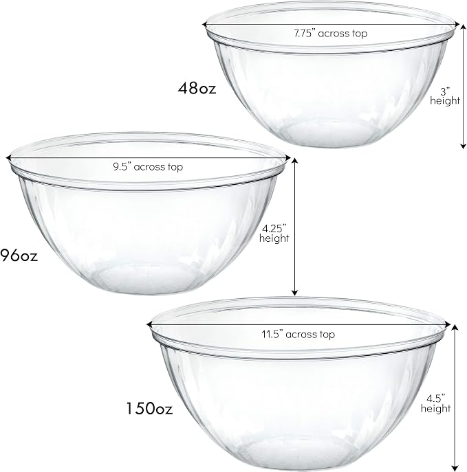 PLASTICPRO Disposable Combo Set of Salad Bowl With Lids Includes 2, 48 Ounce 2, 96 oz 2, 150 Ounce Round Crystal Clear Plastic Serving Bowl