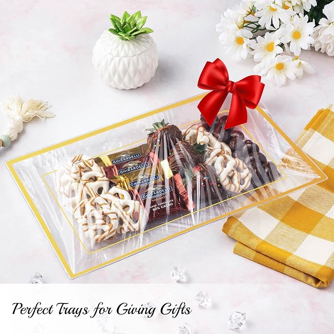 Mint Living-Elegant Plastic Serving Tray & Platter Set (3pk)-Clear & Gold Rim Disposable Serving Trays & Platters for Food - Weddings, Parties, Dessert Table, Cupcakes - 8x13 inches (Clear + Gold)