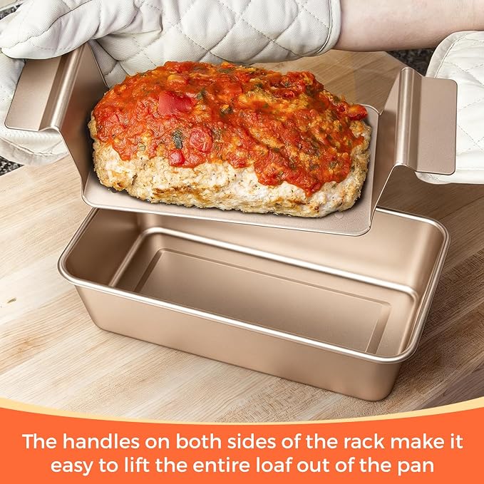 TLAZZ 2 Pack Meatloaf Pan with Drain Tray for Pound Cake Bacon Meatloaf | 9.4 x 5.5 Inch Non Stick Meat Loaf Pan features wide handles with a removable perforated drain tray for any kitchen