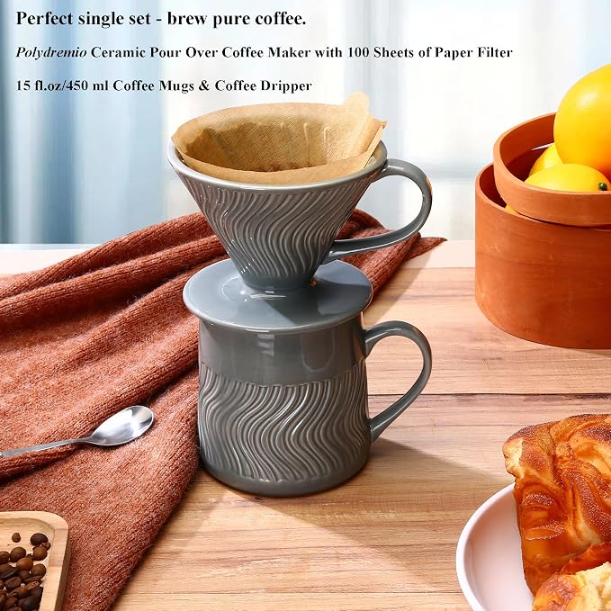 Pour Over Coffee Maker with 100 Sheets of Paper Filter, 15 oz Ceramic Coffee Mug & Coffee Dripper, 1 Cup-Single brew coffee set, Grey