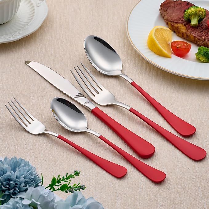 20-Piece Red Silverware Set 18/0 Stainless Steel Silverware Set Red Handle Cutlery Set Service for 4 Dinner Knives Forks Spoons Set Flatware Set Finish Dishwasher Safe