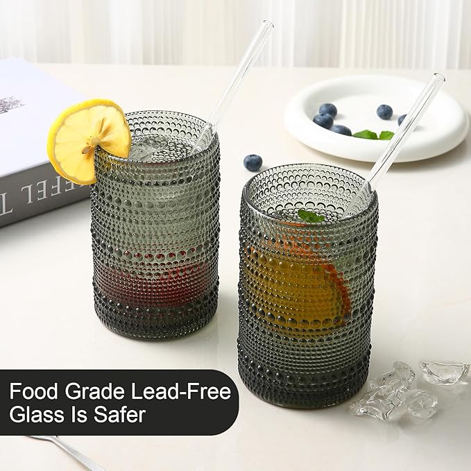 ZMOWIPDL Drinking Glasses Set of 6,15 oz Grey Hobnail Glass Cups | Vintage Glassware，Embossed Water Tumbler,for Beer,Cocktail,Whiskey,Juice and Various Mixed Drinks- 1 Cleaning Brush