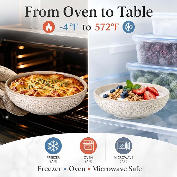 8" Ceramic Pasta Bowls, 22 Oz Serving Bowls Set of 4, Porcelain Shallow Soup Bowl, Embossed Serving Dishes for Pasta, Fruit, Salad, Housewarming Gift, Dishwasher Safe