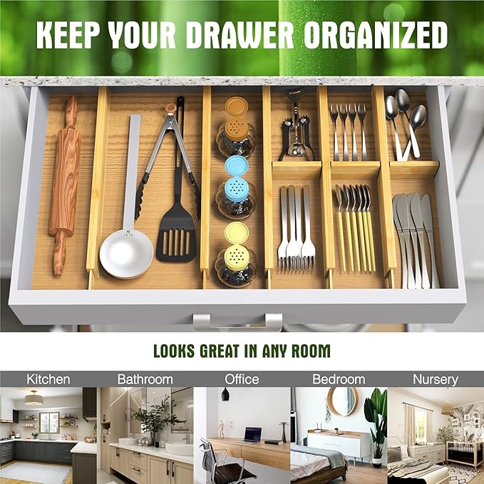 Bamboo Drawer Dividers Organizers, Drawer Separators Splitter,17-22 inches Long Adjustable Spring-loaded Organizer for Large Utensil, Clothes, Tools Drawers(yellow)