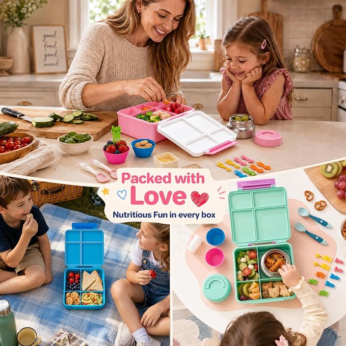 JSLOVE Bento Lunch Box with Leak Proof Thermos Food Jar for Kids, Food Lunch Containers for Girls with 4 Compartments, BPA-Free with Utensils, Food Picks, Sauce Jar & Silicone Lunch Box Dividers