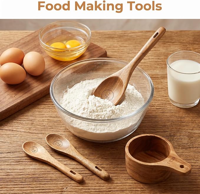 8 Piece Wooden Measuring Cups and Spoons Set, Solid Acacia Wood | Laser Engraved Measurements, Acacia Wood Measuring Cups, Natural Wood Kitchen Accessories, Perfect for Baking and Cooking