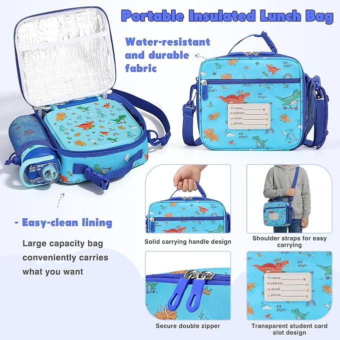 Bento Lunch Box for Kids with 7oz Soup Thermo,Insulated Stainless Steel Kids Water Bottle with Straw and Insulated Lunch Bag,Leak-Proof Lunch Food Container with Ice Pack for School(Blue-Dinosaur)