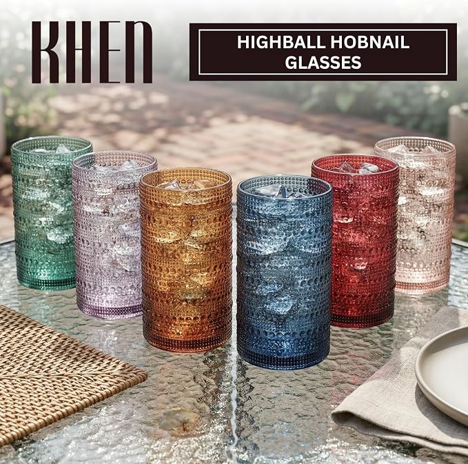 Khen Plastic Hobnail Drinking Highball Glasses Set of 6 Neutral Tones Cups 14oz, Shatterproof & Unbreakable Acrylic Beaded Design, BPA-Free, Dishwasher Safe Indoor/Outdoor Drinkware Water, Cocktails