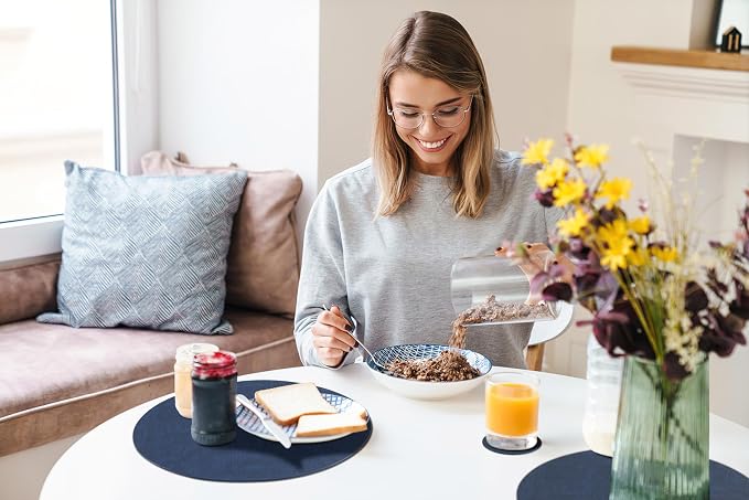 Round Faux Leather Placemat and Coaster 6 Packs, Washable Heat Resistant Dining Place Mats, Wipeable Double-Sided Table Mats for Indoor and Outdoor, Diameter 13 and 3.93 inch, Navy
