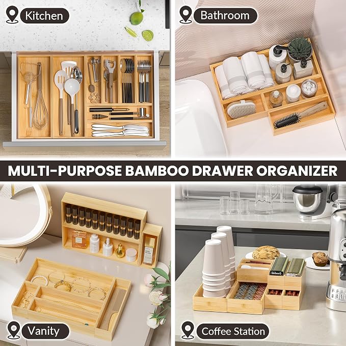 Kitchen Drawer Organizer Bins, Stackable Bamboo Drawer Organizer for Silverware, Flatware, Deep Office Desk Drawer Organizer Tray, Desktop Pen, Office Organization 9" x 6" x 2.5" (Set of 2)