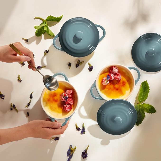 Kook Ceramic Mini Cocotte Set, Small Casserole Dishes with Lids and Handles, Individual Baking Ramekins, Oven safe 350F, Microwave & Dishwasher Safe, Stoneware, 12 oz, Set of 4, (Stone Ombre)