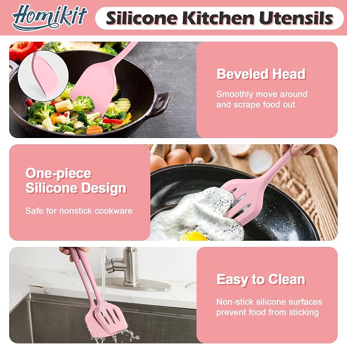 Homikit 15-Piece Kitchen Utensil Set, Silicone Cooking Utensils Spatula Set | Heat Resistant Silicone Utensil with Holder for Nonstick Cookware, Kitchen Tools Gadgets for Cooking and Baking, Pink