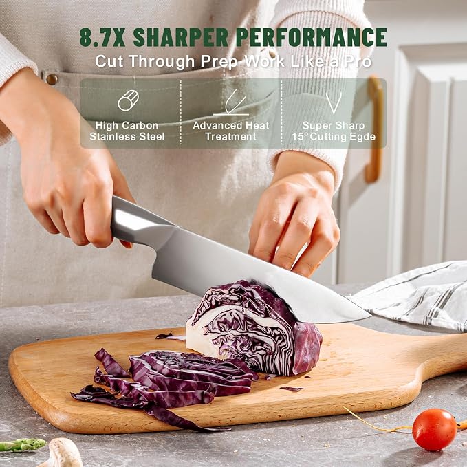 Knife Set, EWFEN 14-Piece Kitchen Knife Set with Block, German Stainless Steel Knives with Built-in Knife Sharpener, Anti-Slip Sharp Knives Set for Kitchen, Dishwasher Safe, Curved Handle