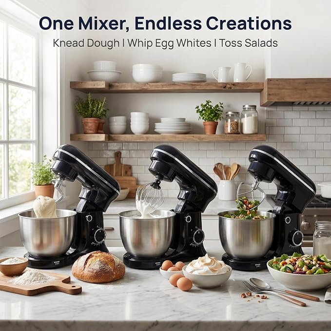 Electric Stand Mixer With Bowl 6.5QT Stainless Steel, 10 Speeds Kitchen Stand Up Mixer for Baking Cakes Cookie Bread Salad Food with Egg Whisk, Dough Hook, Flat Beater - Portable Baking Mixers