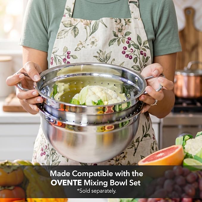 OVENTE Premium Stainless Steel Colander Set of 3, Silver C46263S | Comes with different sizes: 1.5, 3, 5 QT, Comfortable Large Handles, Ideal for draining pasta or Rinsing Vegetables or fruits