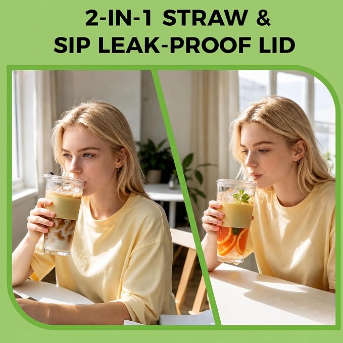 Birity 16oz Glass Cups with Lids and Straws,Glass tumbler With Straw and Lid-Reusable Iced Coffee Cups for Tea, Juice, Smoothies, Mason Jar Drinking Cup for Hot/Cold Drinks at Home,Office,Travel