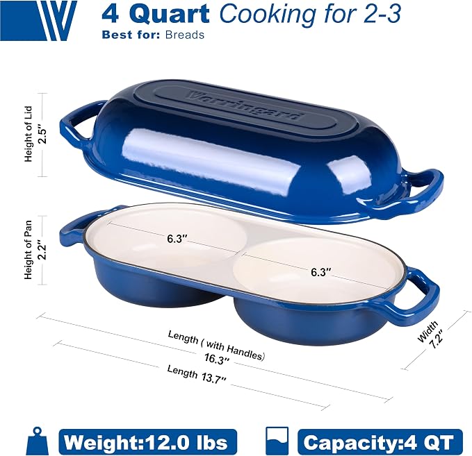 Enameled Cast Iron Double Dutch Oven with Lid, Dual Round Loaf Pan, Bread pan for Homemade Sourdough Bread Baking, Blue
