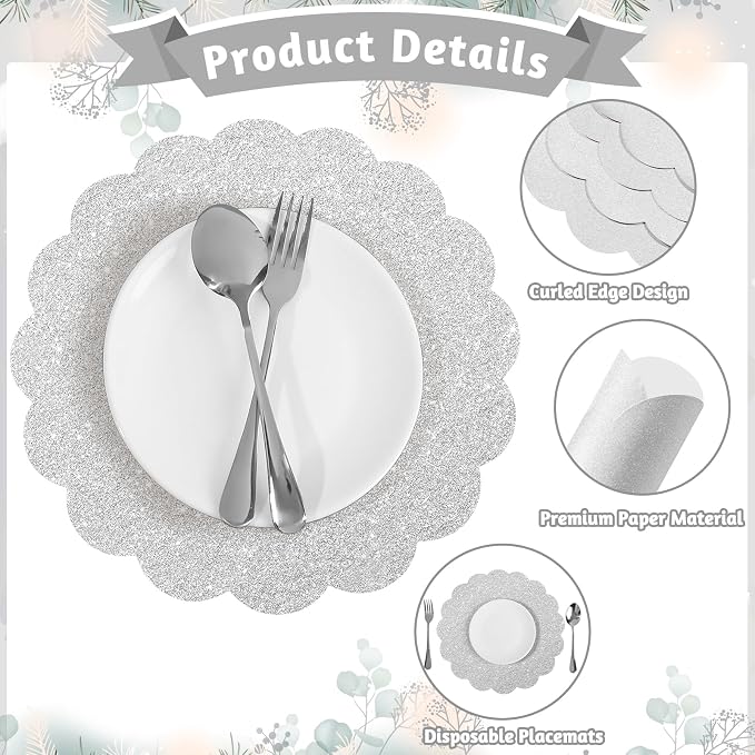 60 Pcs Silver Glitter Paper Placemats, Scalloped Disposable Placemat | 13.5 Inch Round Sparkle Table Place Mats Decorative Paper for Birthday Wedding Banquet Party