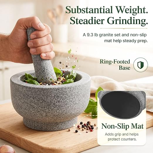 Flexzion Granite Mortar and Pestle Set, 4 Cup with Garlic Peeler, Gray | Large Molcajete Stone Grinder Bowl Includes a Matching Pestle, Garlic Peeler and Non-Slip Mat for Guacamole, Salsa and Spices