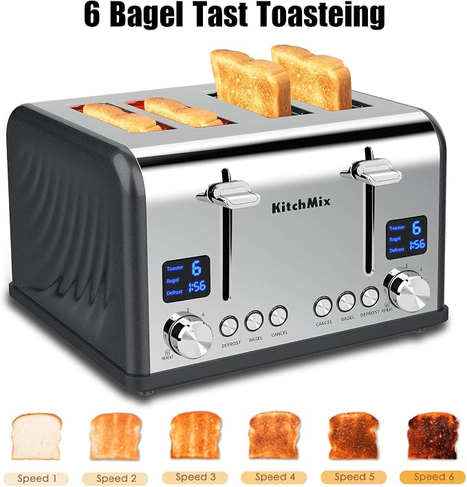 KitchMix Toaster 4 Slice, Bagel Stainless Toaster with LCD Timer, Extra Wide Slots, Dual Screen, Removal Crumb Tray (Gray)
