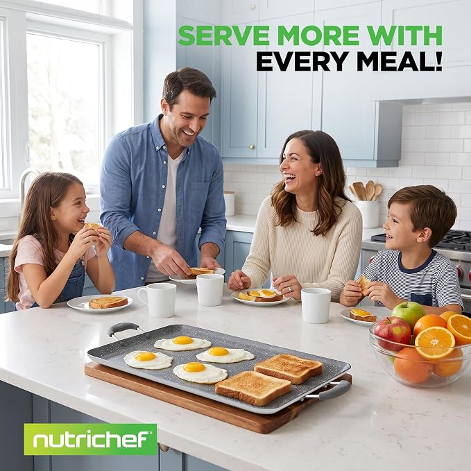 NutriChef Double Burner Griddle | Flat Top Griddle for Stove Top | Nonstick marble-coated griddle pan with extra-large easy to clean cooking surface, perfect for pancakes and tortillas