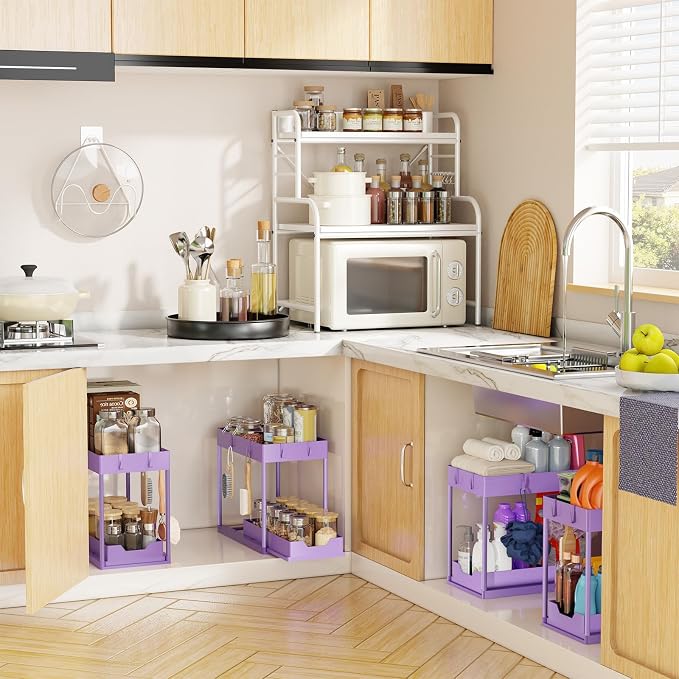 Simple Trending Under Sink Organizer 2 Pack, with Sliding Drawer, Purple | 2-Tier Multi-Use Under Shelf Organizer with Hooks, Sink Pull-Out Sliding Storage Cabinet for Kitchen Bathroom, Easy Assembly