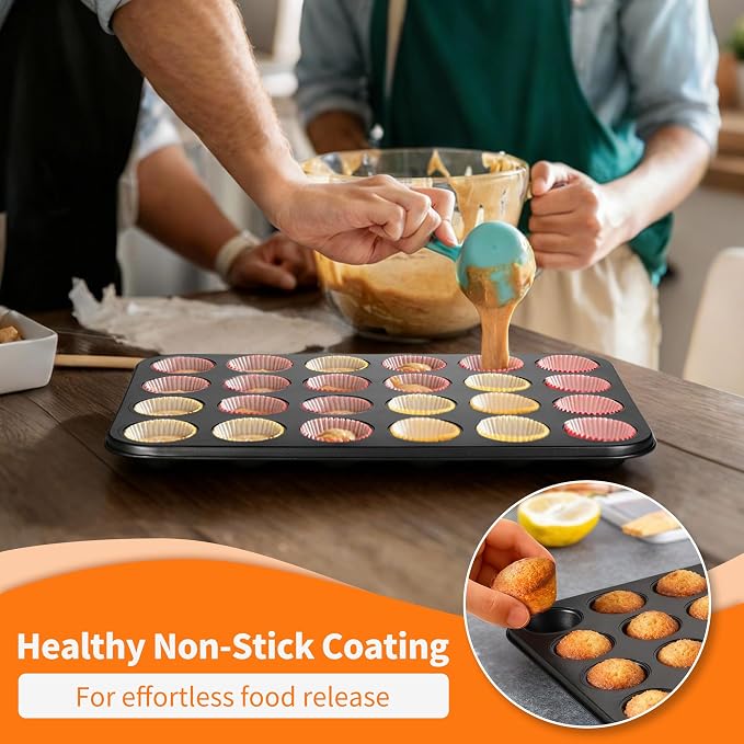 TeamFar 2 Pack Mini Muffin Pan, 24-Cup Non-Stick Cupcake Tray for Baking | Carbon Steel Small Cup Cake Tin Bakeware for Bite-Sized Cheesecake Tart Quich, Even Baking & Effortless Release & Easy Clean