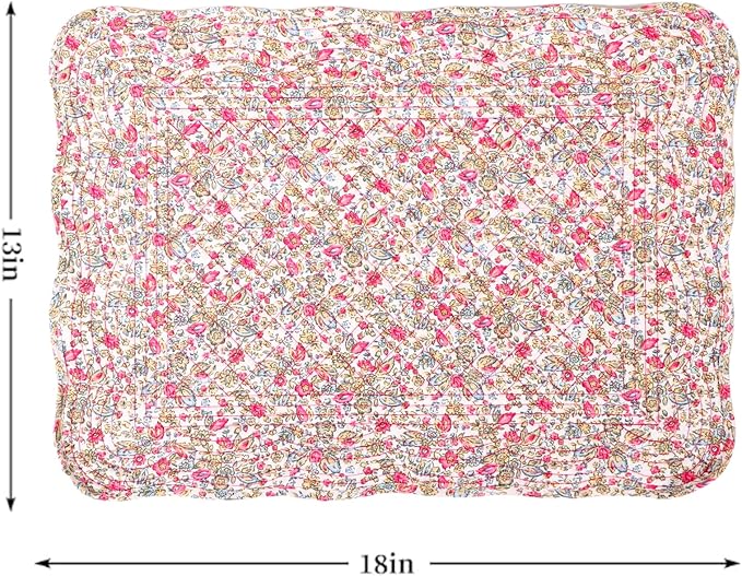 Quilted Placemats Set of 4 18"X13" Cotton Placemats Washable Cloth Table Mats for Kitchen Table (Floral Print)