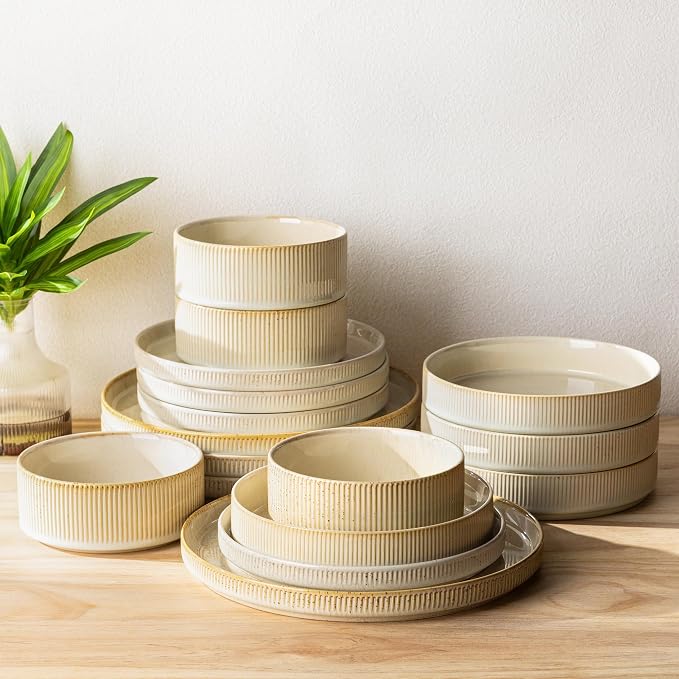 Ceramic Dinnerware Set for 4, 16-Piece Plates and Bowls Set | Lightweight Porcelain Dish Set, Scratch Resistant, Oven & Microwave & Dishwasher Safe, Cappuccino