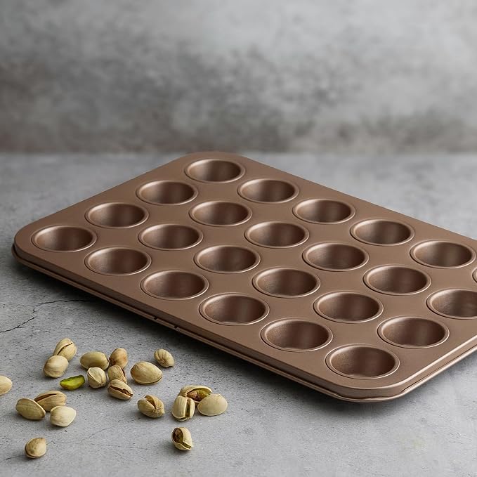 24 Cup Mini Muffin Pan Nonstick, PFOA & BPA Free | | Non-Toxic - High Carbon Steel - Gold - Small Cupcake Tin for Oven Baking