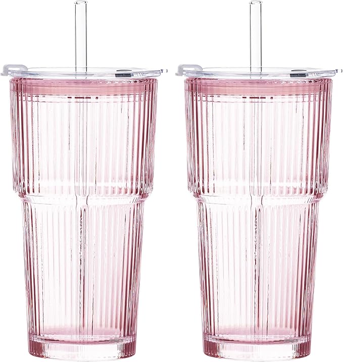 20oz Iced Coffee Cups with Lids, Ribbed Glass Cups with Lids and Straws | Thick Reusable Glass, Leak-Resistant Lids, Fits Most Car Cup Holders, For Iced Coffee, Tea, Smoothies and Cold Drinks