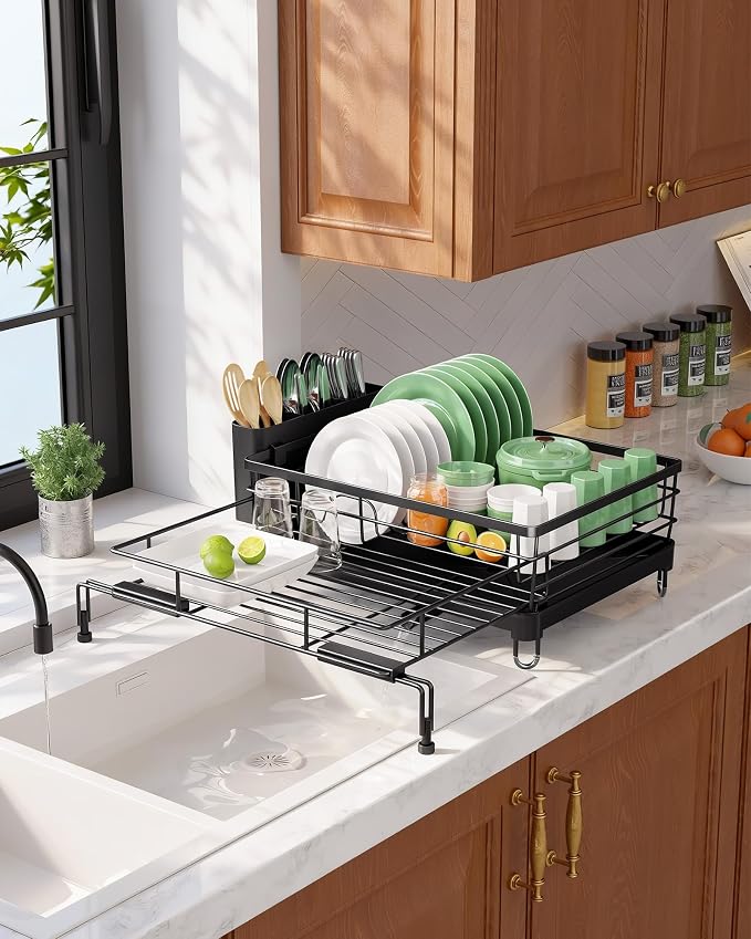 Kitsure Adjustable Dish Drying Rack, 15.6''-25.2''L × 16.9''W, Black | Large Dish Drying Rack, Rust-Resistant Dish Racks for Kitchen Counter, With Adjustable Support Legs, Cutlery Holder