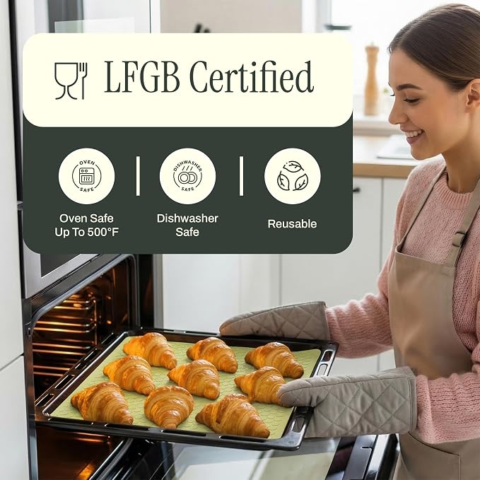 PureCraft Silicone Baking Mat, Double-Sided Non Stick Mat with Textured Airflow Surface, LFGB Certified Silicone, 17.5" x 12.5" Cookie Sheet Liner with embedded measurement markings, easy to store