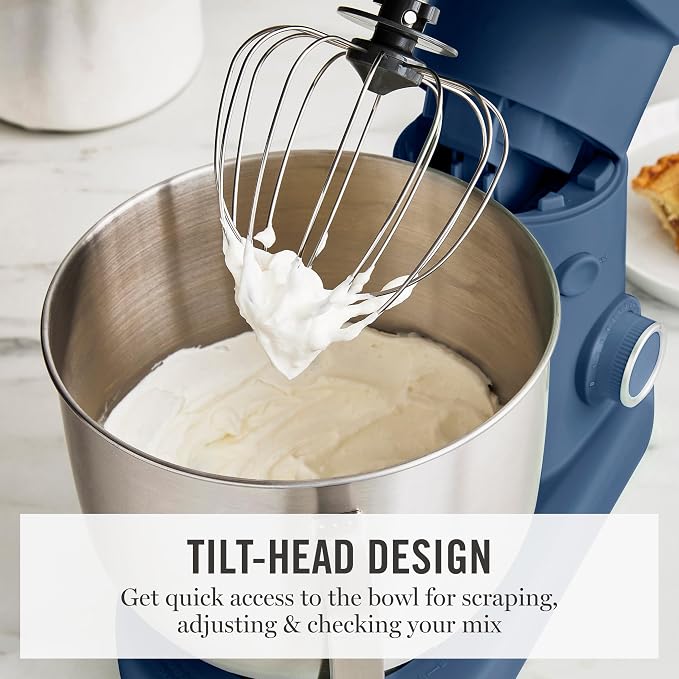 Martha Stewart 5.3QT Tilt Head Stand Mixer, 12 Speeds, Stainless Steel Bowl | Dough Hook, Stainless Whisk, Beater, Removable Splash Shield, Bread, Cake & Whipping, Electric Kitchen Mixer, Indigo Blue