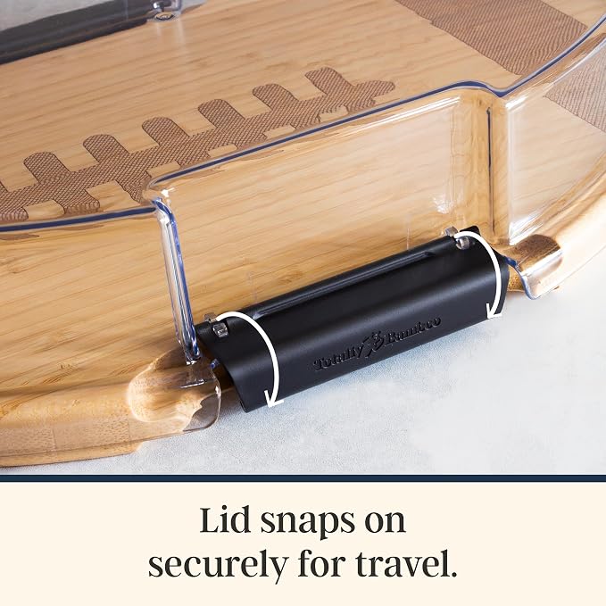 Totally Bamboo Flip, Serve & Store Football Charcuterie Board with Lid | Football-shaped serving board with locking travel cover for tailgates and game day parties. Prep side includes juice groove.