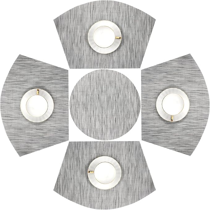 SHACOS Round Table Placemats Set of 5 Woven Vinyl Wedge Placemats with Centerpiece Round Table Mats Heat Resistant Wipe Clean (5, Silver Grey)