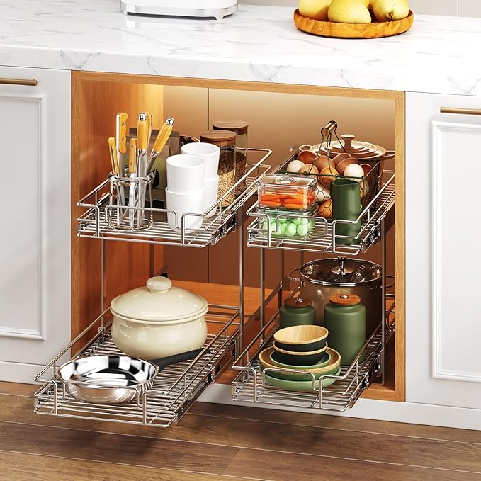 2 Tier Individual Pull Out Cabinet Organizer 16½" W x 21½" D, Heavy Duty Cabinet Pull Out Shelves, Slide Out Drawers Organization for Kitchen Cabinets Bathroom