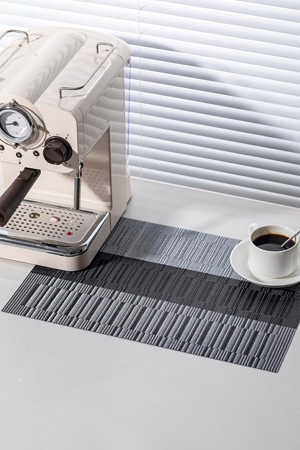 LEXMORE Placemats Set of 6 Vinyl/Plastic Woven Place Mats for Kitchen Table Indoor/Outdoor Washable Placemat Wipeable Dining Table Mats(Silver Gray Black)