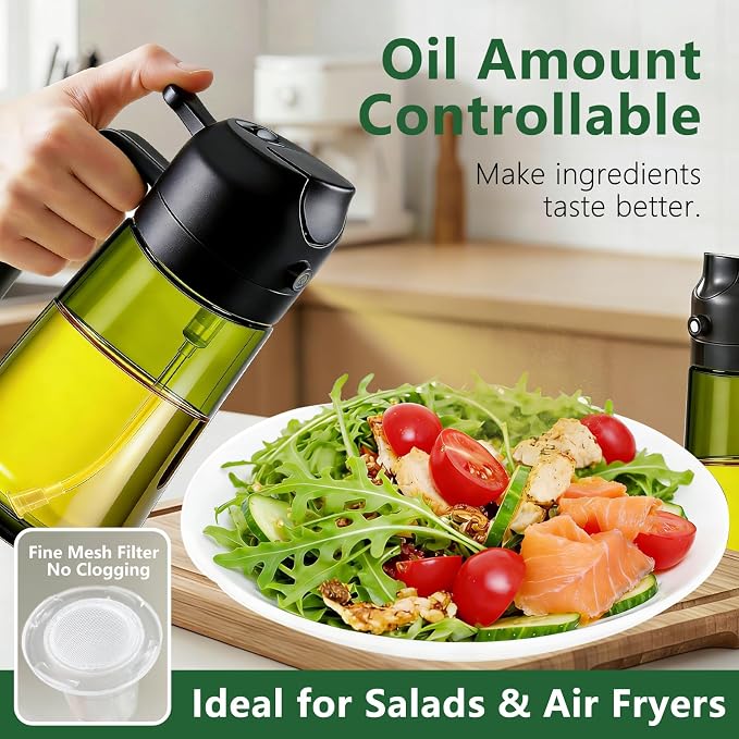 Olive Oil Sprayer & Dispenser Bottle for Cooking, Air Fryer, BBQ, and Salad – 2-in-1 Oil Mister Kitchen Accessory (Black)