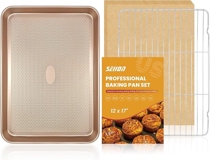 Heavy Duty Baking Sheet with Wire Rack Set, Thickened Carbon Steel pan 17.5"x11.8" with Cooling Rack, Nonstick Baking Pan Warp Resistant, 50 Parchment Sheets for Baking Cookie, Roasting Veggie & Bacon