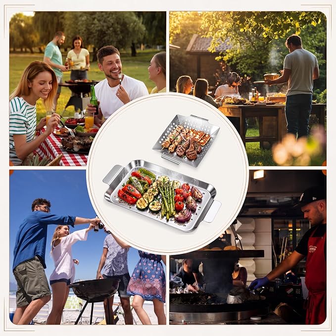 2 Pack Grilling Accessories Outdoor Grill Topper Vegetables Grill Baskets for BBQ, Grilling Pans Trays Griller Baskets with Holes and Handles, Carbon Steel
