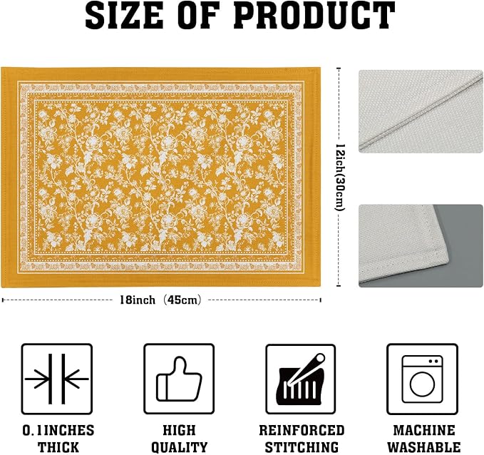 Rustic Yellow Vintage Flowers Placemats Set of 4，Chinoiserie Floral Branches Decoration Table Mat Washable Non-Slip Place Mats 12 x 18 Inch for Party Kitchen Dining