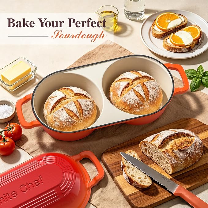 Umite Chef Complete Mini Double Dutch Oven Kit for Sourdough Bread – Enameled Cast Iron Bread Pan with Deep Dual Loaf Pots, Includes 5" Banneton Basket & Cotton Potholders, 500°F Oven Safe (Orange)