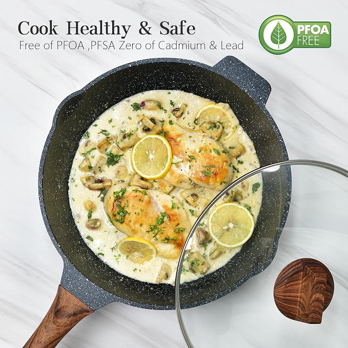 12 Inch Nonstick Deep Frying Pan Skillet with Lid and Spatula, 6 Qt Jumbo Saute Pan with Pour Spout, Non Stick Granite Stir-Fry Chef Wok with Scrub Sponge, Induction Stovetops Compatible