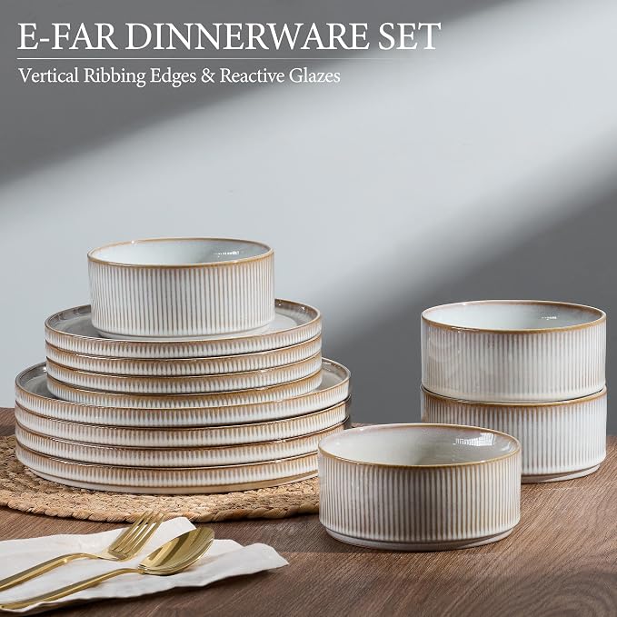 E-far Stoneware Dinnerware Sets for 2, 6-Piece Plates and Bowls Sets, Beige | Plate Set for 2, Chip & Scratch Resistant Ribbed Dish Set for Home Restaurant, Microwave & Dishwasher Safe, Creamy Beige