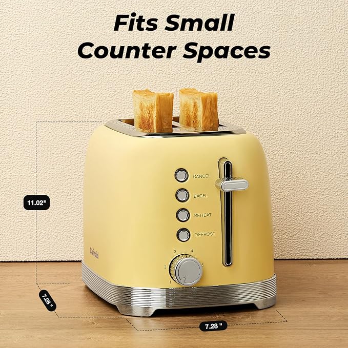 Toaster 2 Slice Retro Stainless Steel, Yellow | 1.5” Extra Wide Slots with Bagel, Defrost, Reheat, Cancel Functions, 6 Bread Shade Settings, Removable Crumb Tray