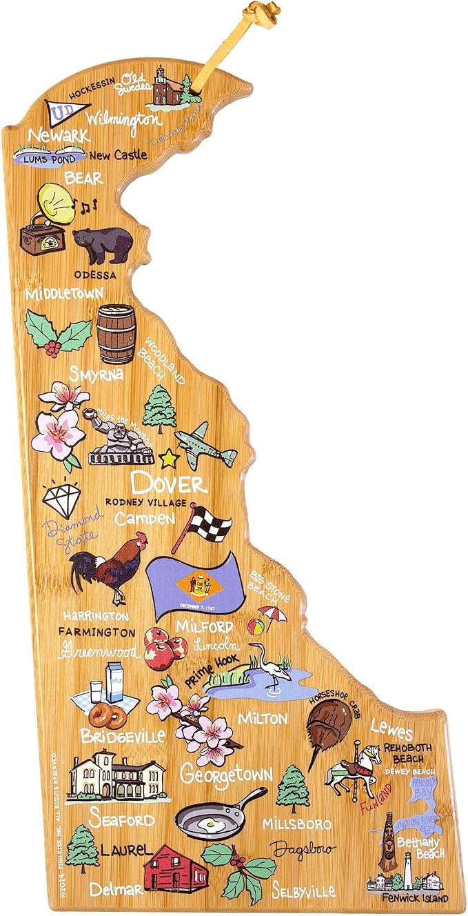 Totally Bamboo Delaware State Shaped Cutting Board, Art by Fish Kiss | State charcuterie board with colorful hand-drawn map artwork. Smooth reverse side for food prep. Hang tie for wall display.