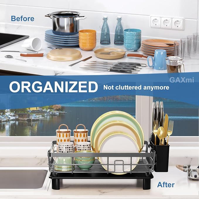 GAXmi Dish Drying Rack with Drainboard for Kitchen Countertop 1-Tier Grey | With utensil holder, Over the sink, Quick drainage, Space-saving, Large capacity