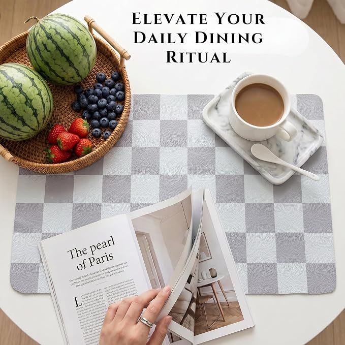 Set of 6 Checkerboard Non-Slip Washable Placemats for Dining Table | Waterproof & Heat-Resistant Faux Leather Mats | Easy Wipe Clean Tablemats for Indoor Dining, 17’’×12’’, Grey