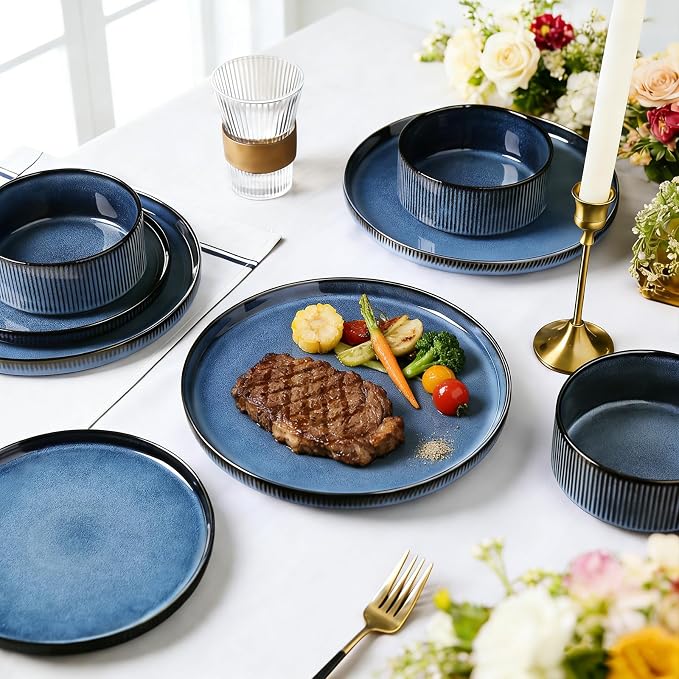 Stoneware Dinnerware Sets for 4, 12Pcs Plates and Bowls Set, Midnight Blue | Handmade Reactive Glaze Ceramic Dishes, Microwave and Dishwasher Safe, Modern Minimalist Ribbed Tableware for Everyday Use